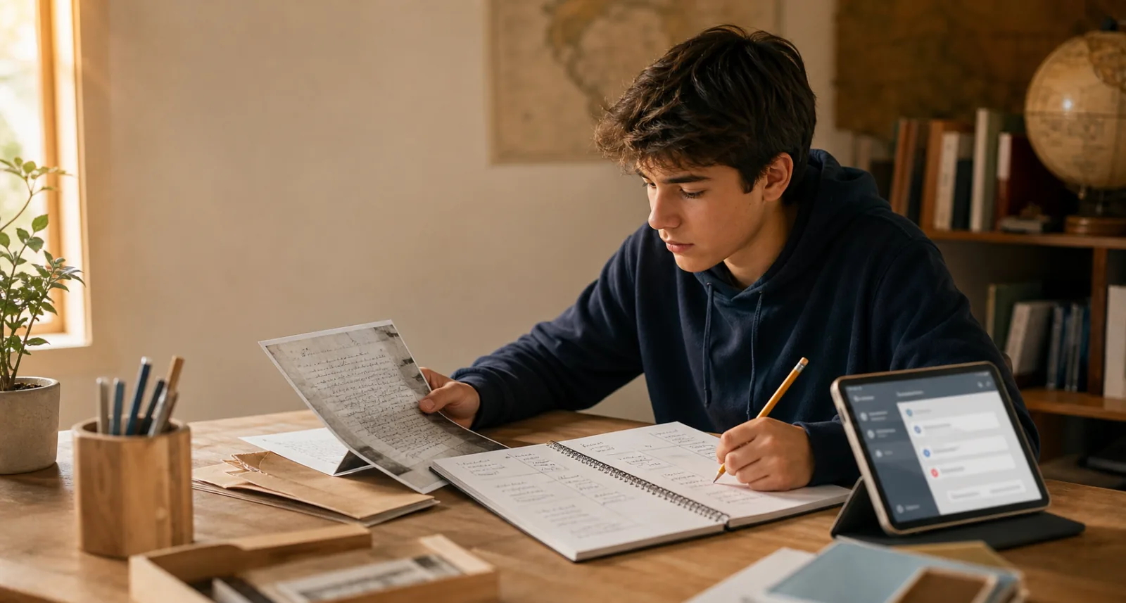 Student annotating a historical letter and checking context beside a study app