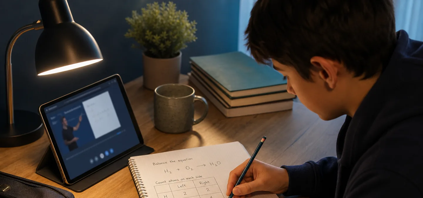 Student balancing a chemical equation with an atom-count table and study app