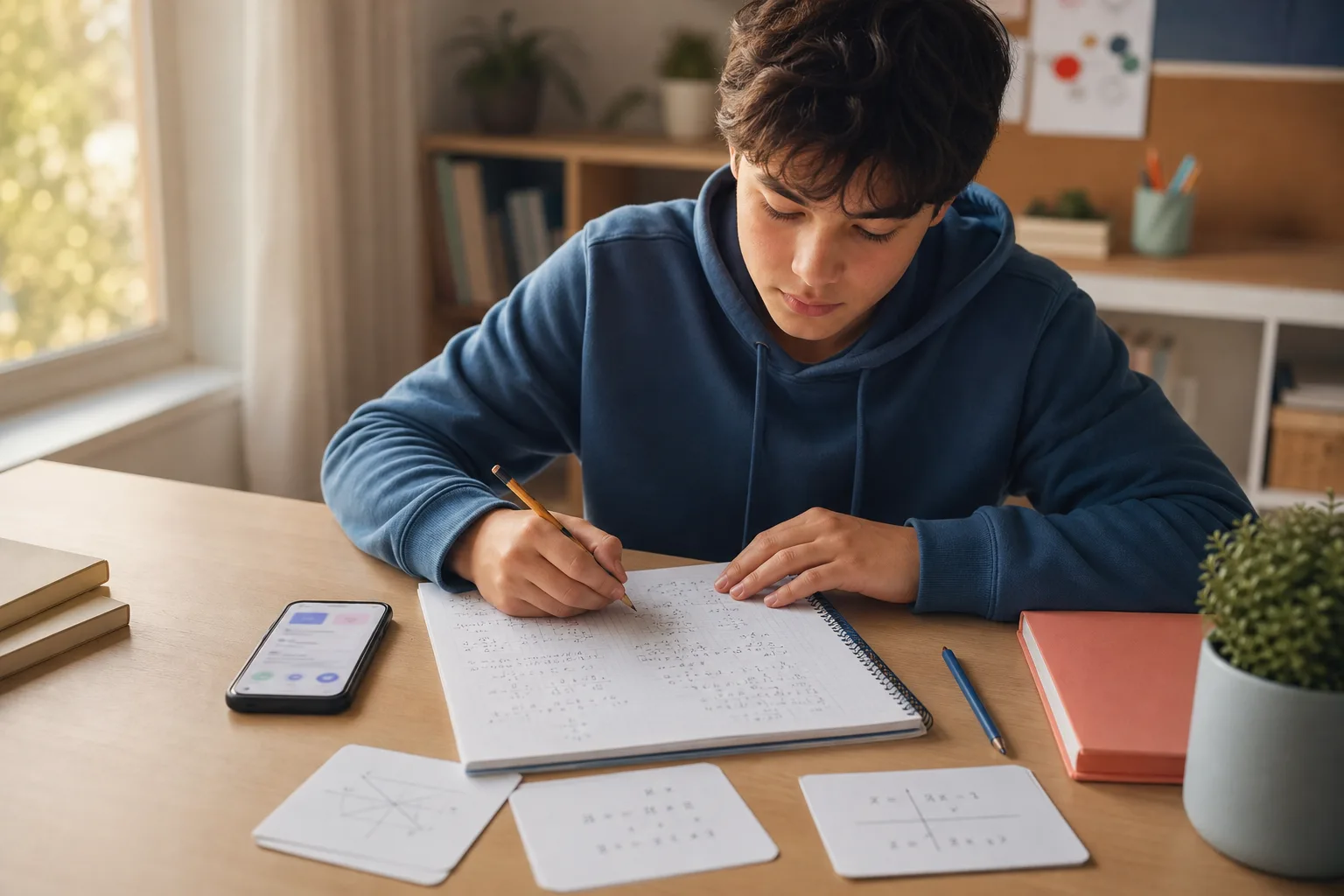 Student working through linear equation homework step by step with a notebook and study app