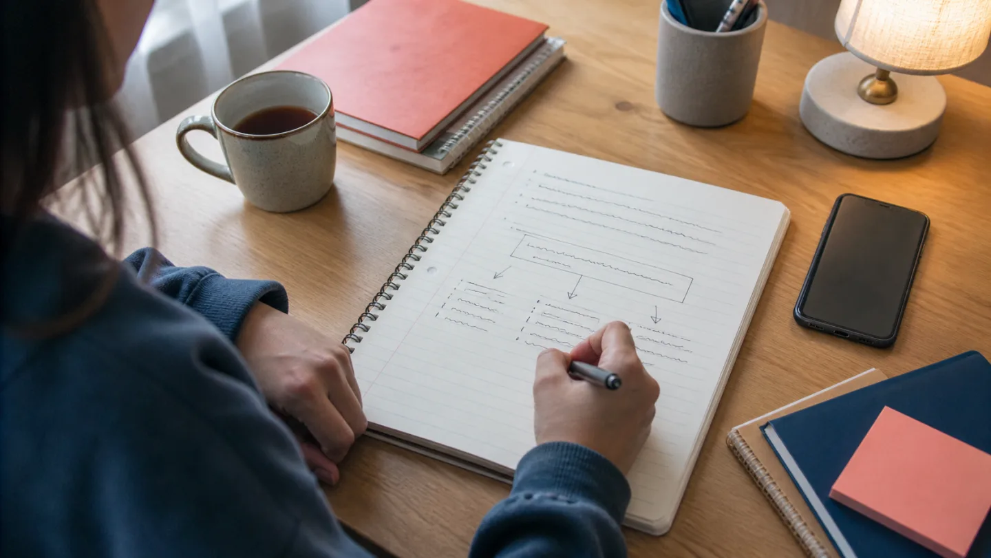Student revising a thesis statement in a notebook beside a study app