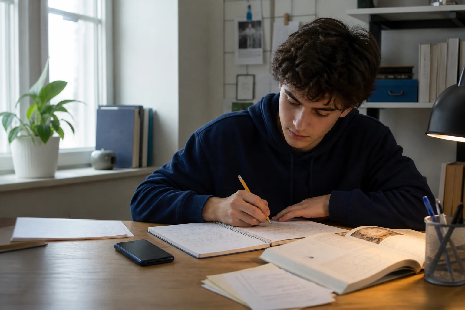 Student using a notebook and phone as part of a focused homework session