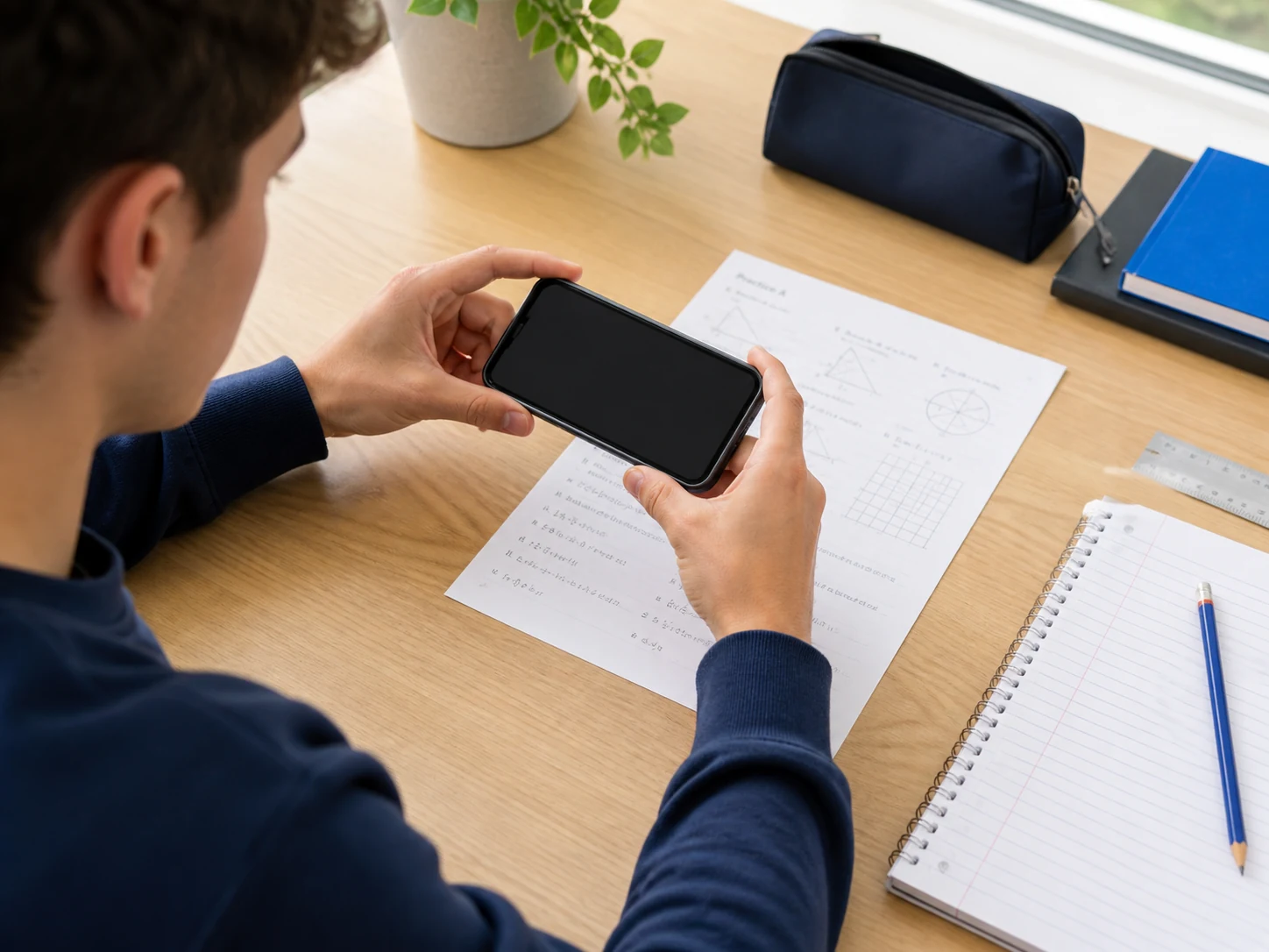 Student capturing a complete homework worksheet with a phone