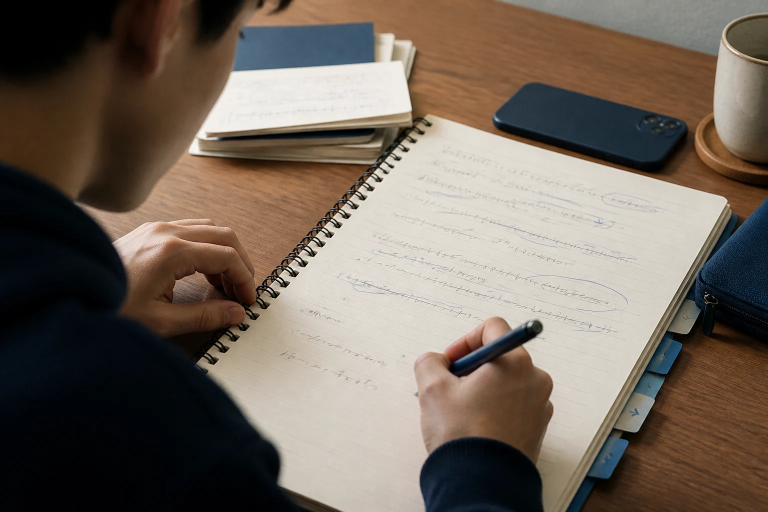 Student reviewing mistakes and corrections in a notebook