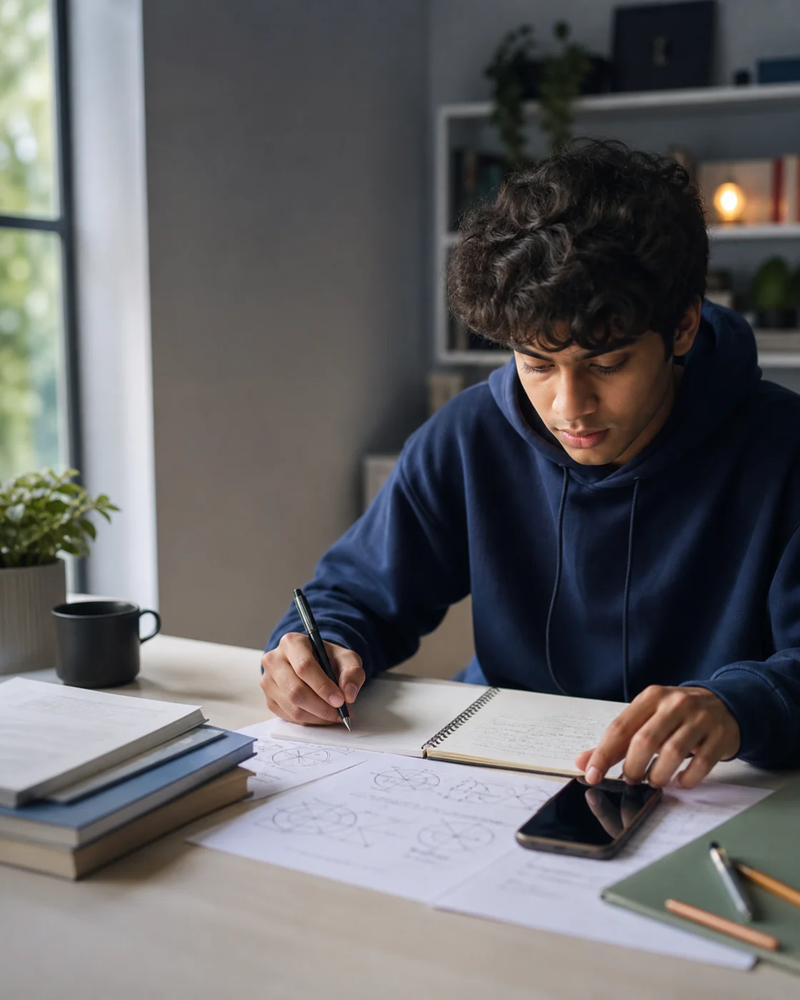Student working between a science worksheet, notebook, and phone